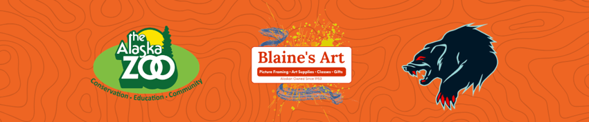 logos for Alaska Zoo, Blaine's Art, and Anchorage Wolverines hockey on an orange background