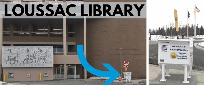 Outdoor book drop at Loussac Library with large arrow pointing to Municipal Election drop box, and close up photo of drop box.