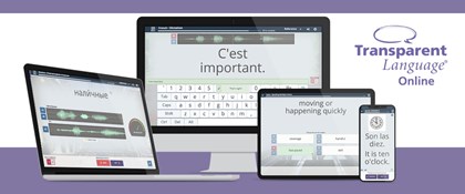 Laptop, desktop, tablet and phone showing screens from Transparent Language resource