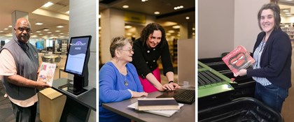 Three photos: a  library staff member helping a senior on a computer, a man standing in front of the self-checkout machine, and an APL staff member in front of the automated handling machine at Chugiak-Eagle River branch.